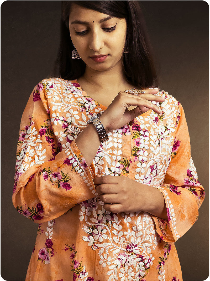 Mulmul Chikankari Kurta - Orange