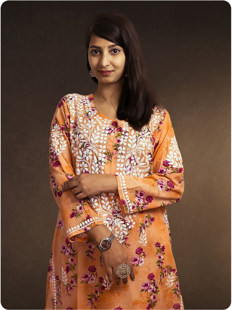 Mulmul Chikankari Kurta - Orange