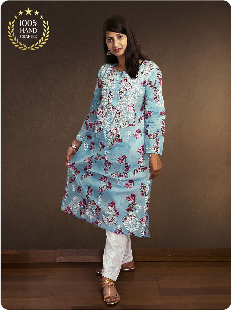 Mulmul Chikankari Kurta - Blue