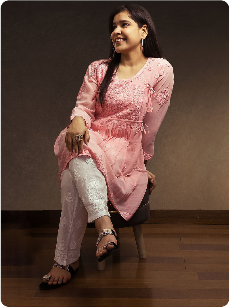 Viscose Chikankari Gown - Pink