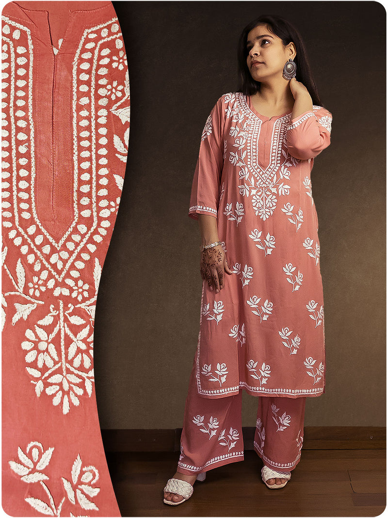 Floral Chikankari Modal Set - Pink