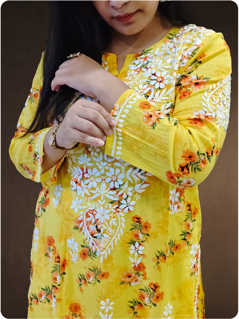 Mulmul Chikankari Kurta - Yellow