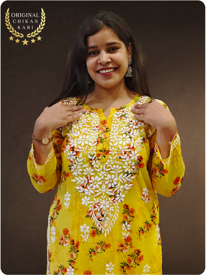 Mulmul Chikankari Kurta - Yellow