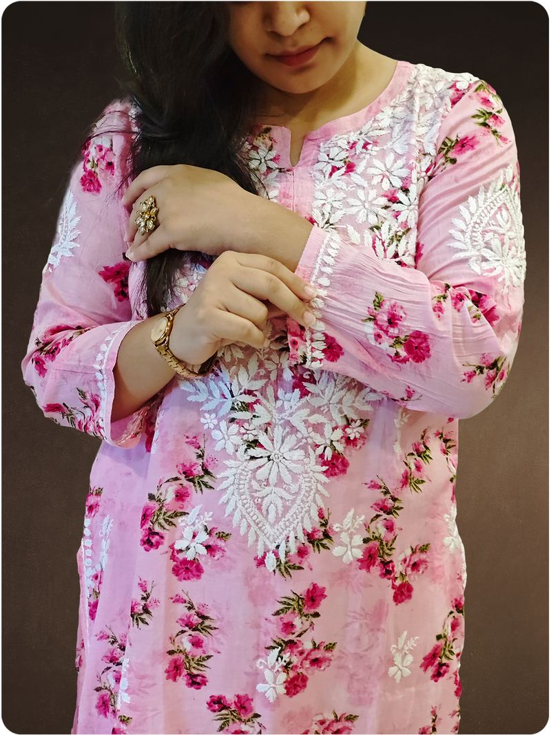 Mulmul Chikankari Kurta - Pink