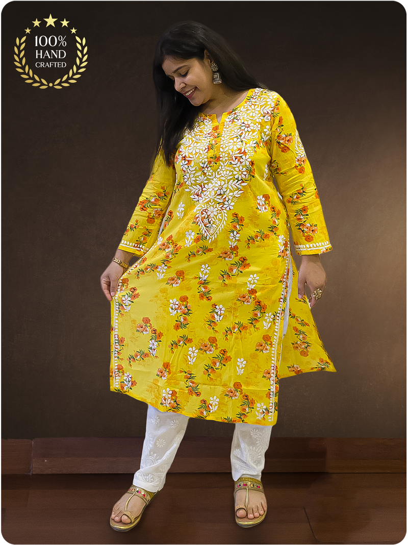 Mulmul Chikankari Kurta - Yellow