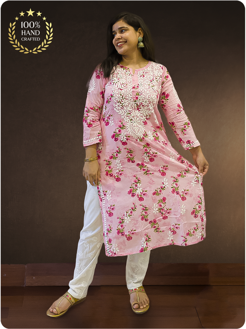 Mulmul Chikankari Kurta - Pink