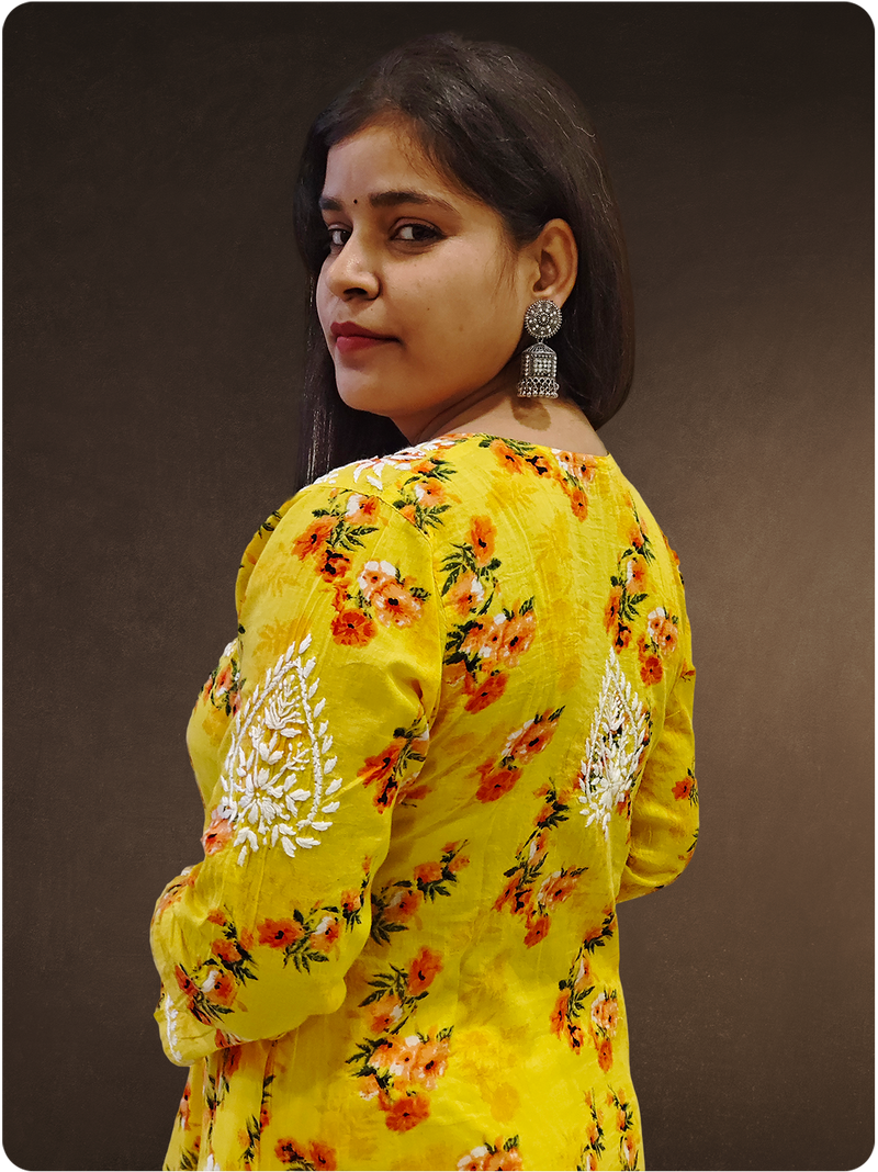 Mulmul Chikankari Kurta - Yellow