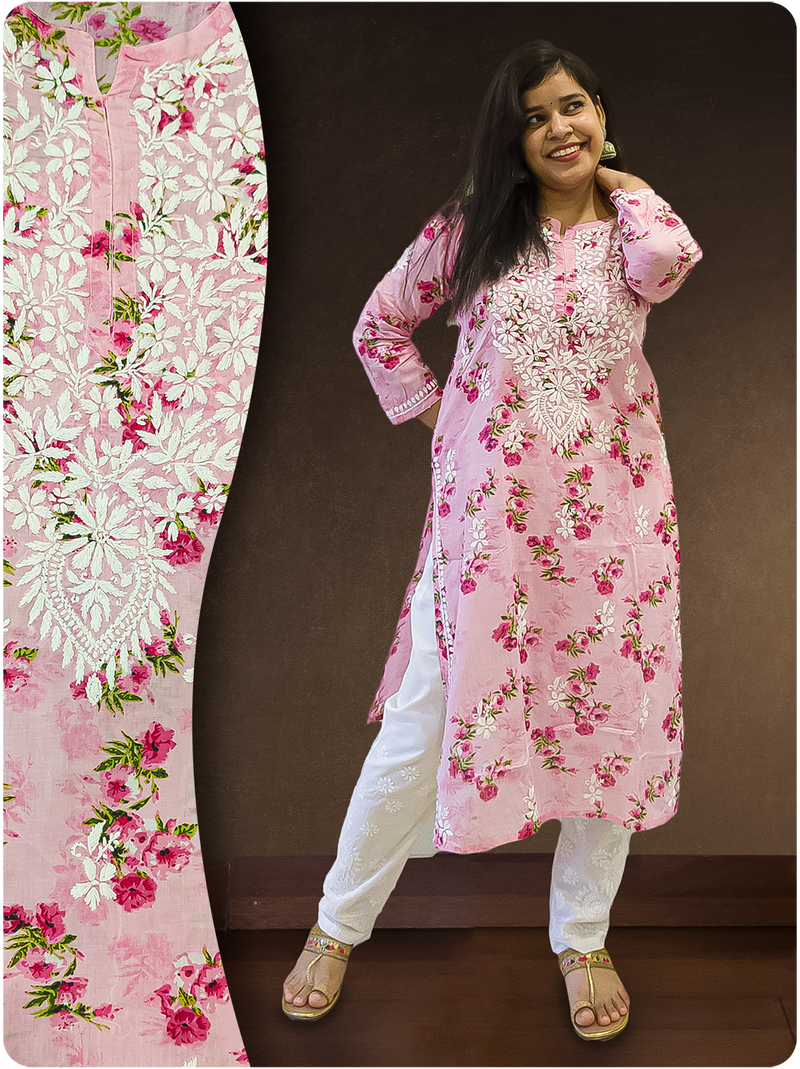 Mulmul Chikankari Kurta - Pink