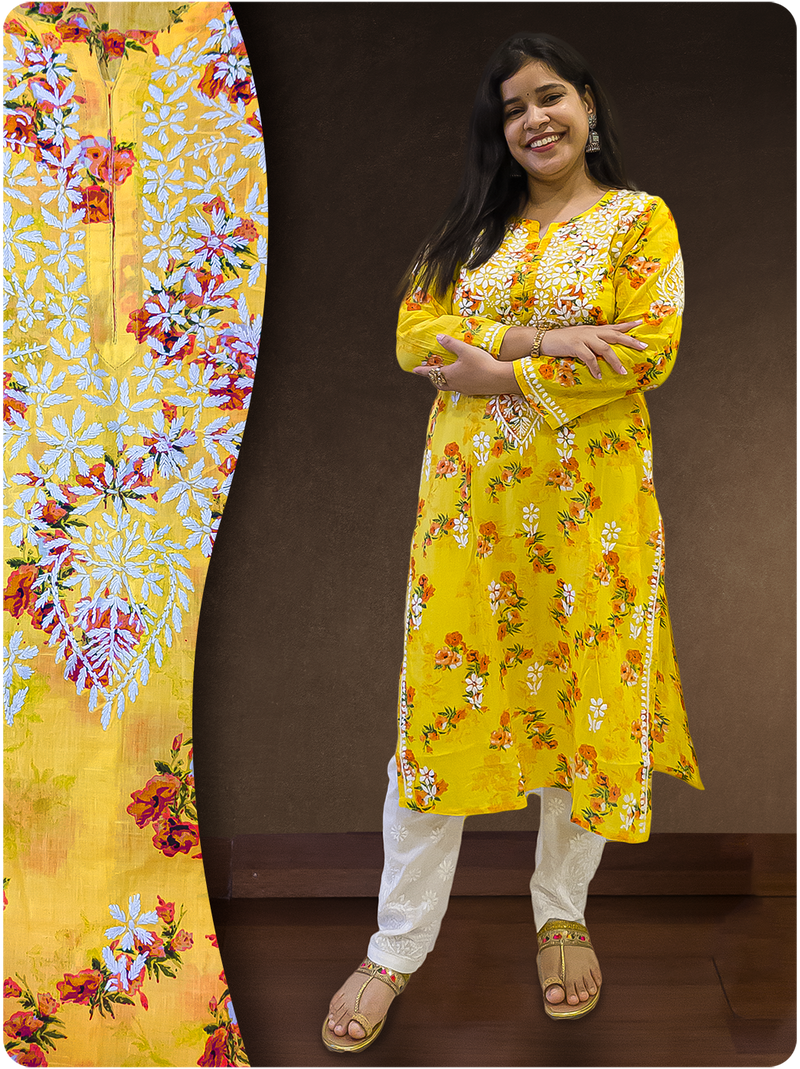 Mulmul Chikankari Kurta - Yellow