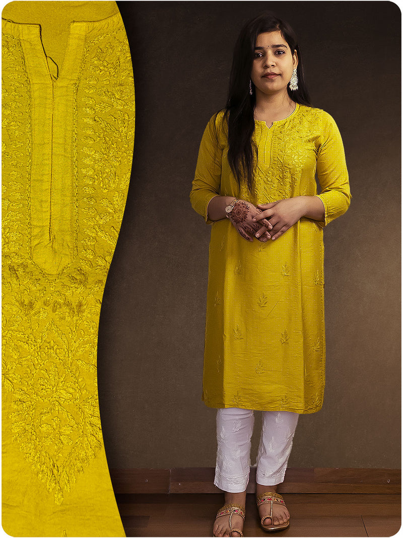 Chanderi Chikankari Kurti - Yellow