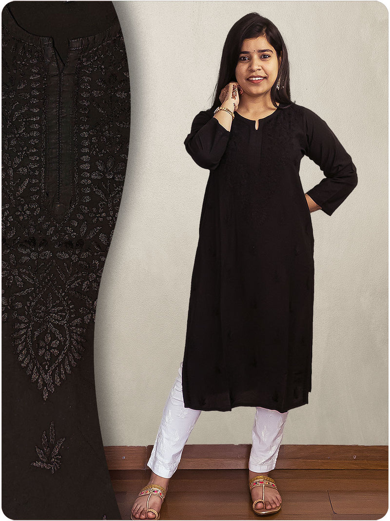 Chanderi Chikankari Kurti - Black