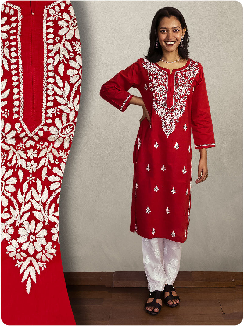 Cotton Chikankari Long Kurta - Red