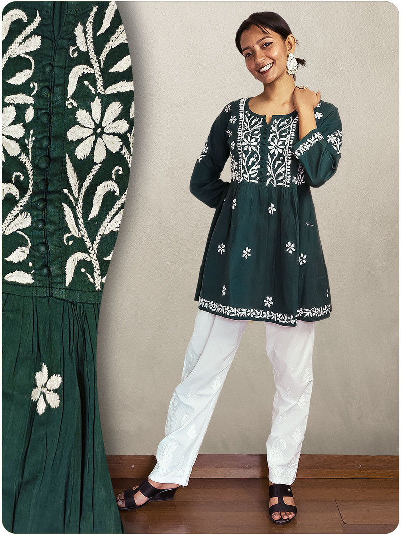 Cotton Chikankari Short Gown  - Green