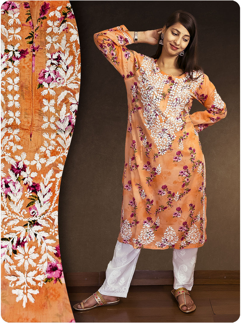 Mulmul Chikankari Kurta - Orange