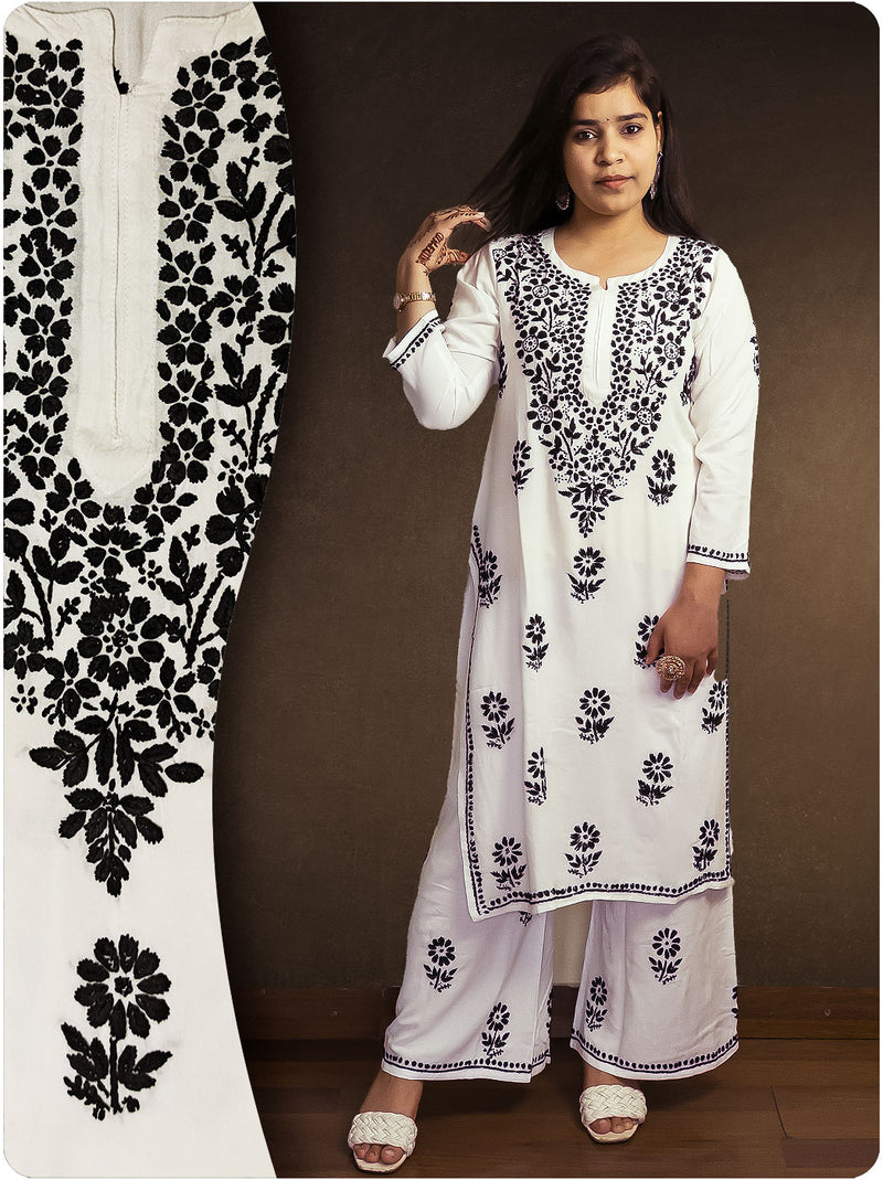 Rayon Chikankari Kurta Set - White